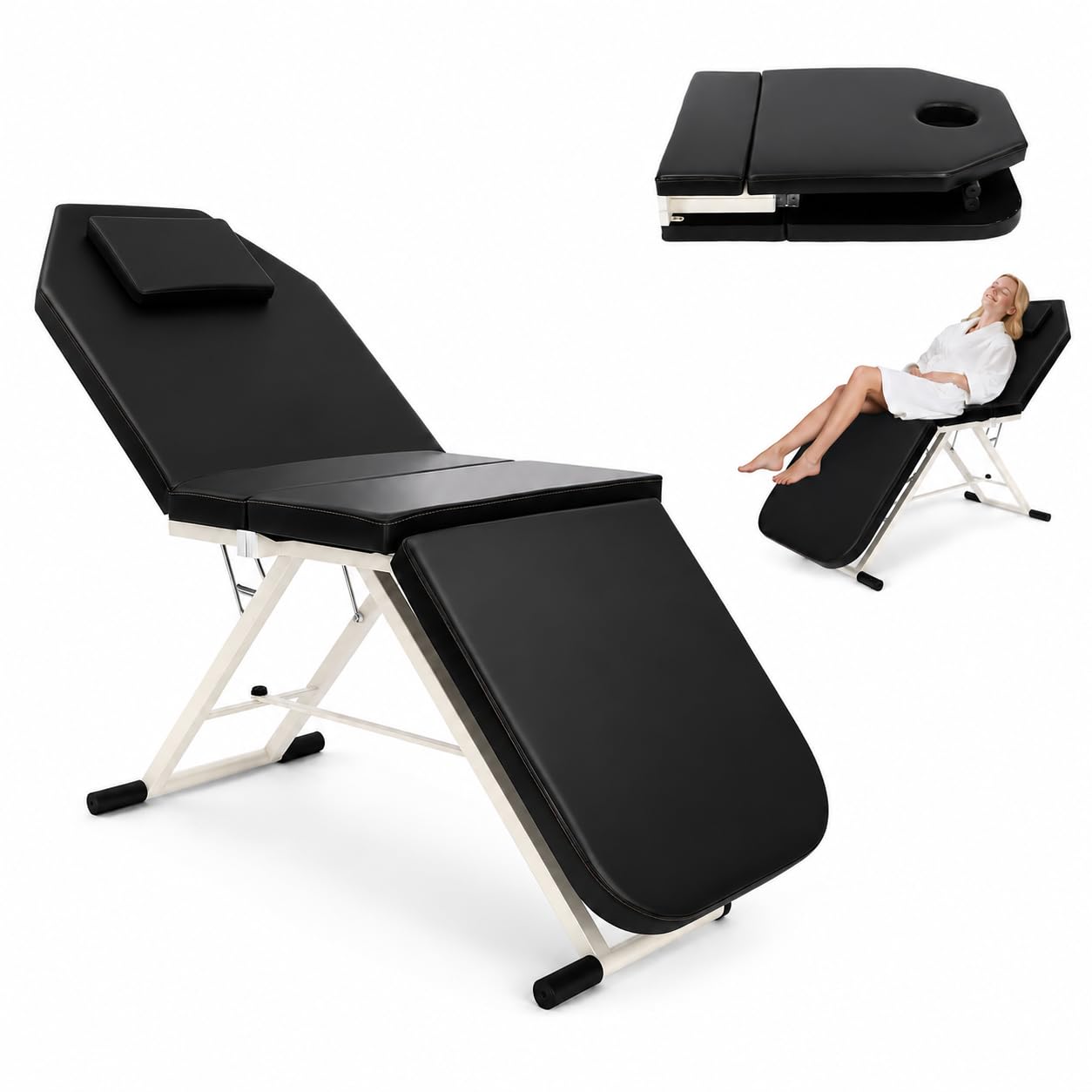 Klappbar Massageliege 3 Zonen Massagetisch, bis 250kg, Schwarz | Höhenverstellbare Mobile Kosmetikliege Therapieliege mit Kopfstütze, für Spa Salon Tattoo Behandlung Kosmetik Heimgebrauch