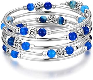 BULINLIN Chakra Beaded Bangle Bracelet for Girls Boho Silver Wrap Bracelet with Natural Agate Stone Beads Jewelry Gifts for Women