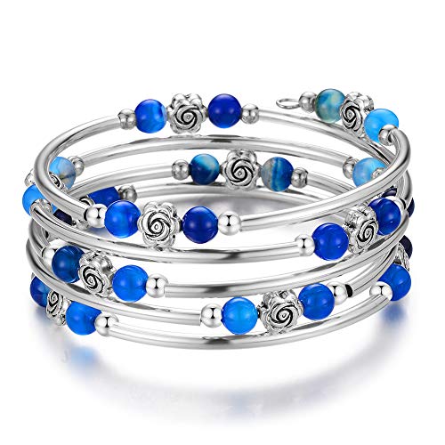 Bulinlin Wrap Bangle Rose Bead Bracelet - Beaded Bracelet With Natural Agate Stone Gifts For Women Girls (08-Agate Blue) #TOP6