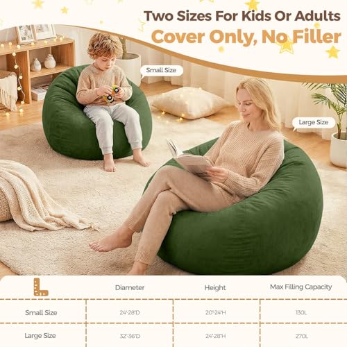 Image of Stuffed Animal Storage Bean Bag Chair Cover for Kids (No Filler), Soft Comfy Velvet Beanbag Chair Cover Machine Washable,Kids Bean Bag Chair with Handle for Living Room Bedroom Dorm,Dark Green