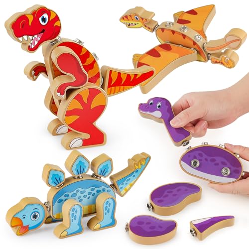 Coogam Dinosaur Building Block Set, Wooden Snap-Connection Dinosaur Builders, STEM Take Apart Dino Playset, Fine Motor Skill Educational Learning Toy Gift for 3 4 5 Years Old Kids