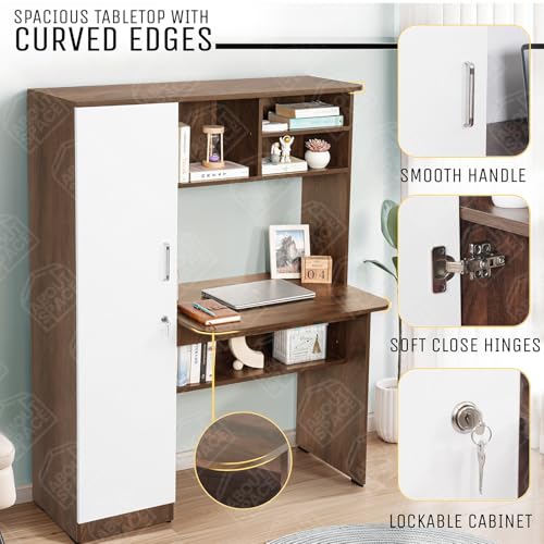 Image of ABOUT SPACE Study Table with Hutch & Cabinet - Computer Table with Top Bottom Storage DIY Engineered Wood Office Desk with Adjustable Shelves Cable Management (Walnut, White - L 119 x B 60 x H 153cm)