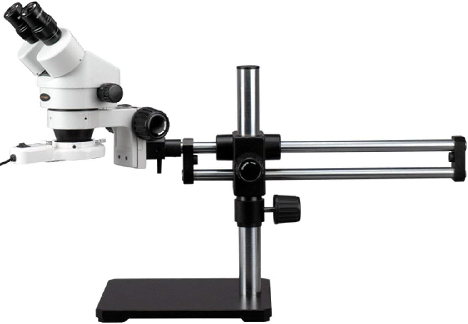 AmScope SM-5BX-FRL Professional Binocular Stereo Zoom Microscope, WH10x Eyepieces, 3.5X-45X Magnification, 0.7X-4.5X Zoom Objective, 8W Fluorescent Ring Light, Ball-Bearing Double-Arm Boom Stand, 110V-120V, Includes 0.5X Barlow Lens