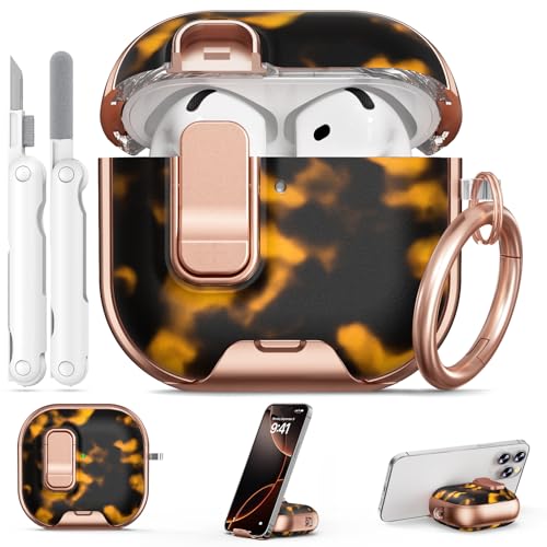 Image of for AirPods 4 Case, with Safty Lock & Phone Stand for Floral AirPods 4 Generation Case Cover for Women Girly, iPod 4 Case with Keychain & Cleaner Kit - Brown+Black Tortoise