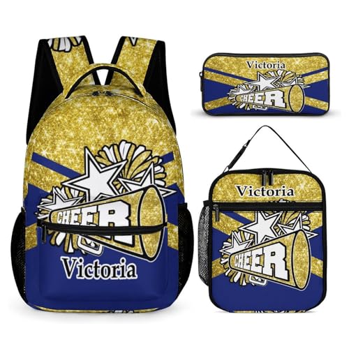 Custom Cheer Gold Blue Glitter Backpack with Lunch Box & Pencil Case for Kids Girls Boys School Backpack 16 Inch
