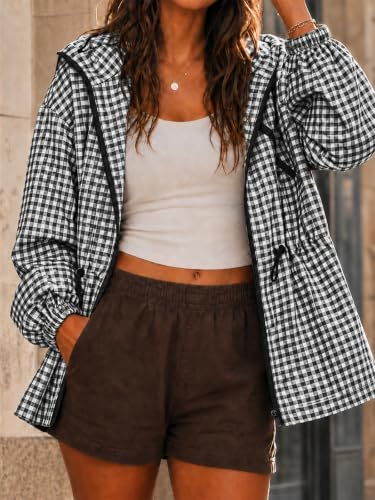 Fisoew Womens Rain Jacket Waterproof Plaid Raincoat Hooded Windbreaker - image 5