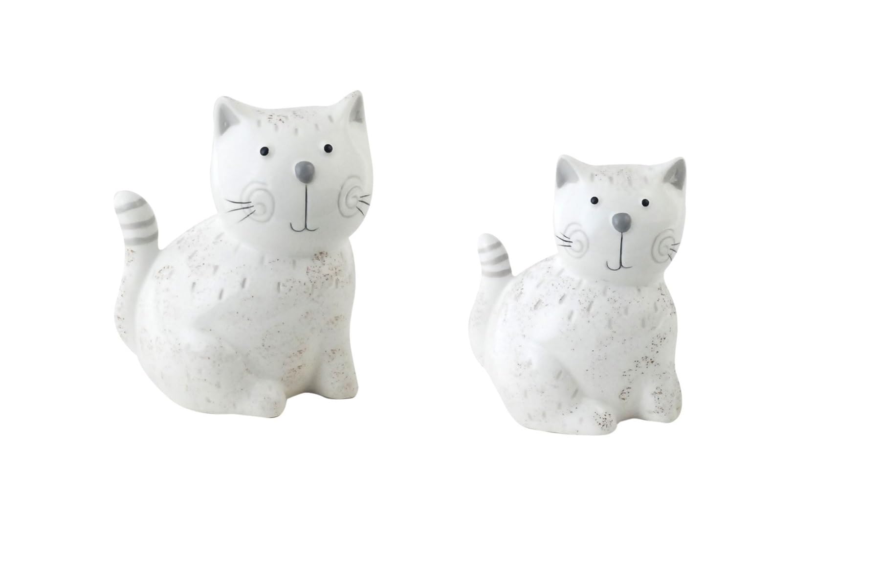 DRW Set of 2 White Ceramic Cats, 13 x 8.5 x 16 and 10 x 7.5 x 12.5 cm, Colourful, Standard