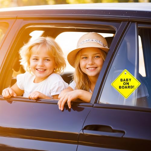 Image of COMNICO Baby on Board Signs for Car, 2 Pcs 5 inchx5 inch Baby on Board Decal Safety Car Sign with Double Suction Cups Bright Yellow Reusable Car Warning Signs Durable Baby on Board Sticker for Car