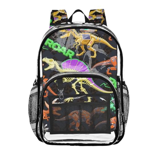 Mecha Dinosaur Roaring T-rex Orange Black Kids Clear Backpack Clear Book Bag For Teen Girls See Through Transparent Heavy Duty Bags