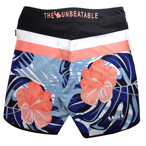 Image of USI Universal 411PA Aloha Physique Board Shorts, Polyester Fitness Shorts, Hook & Loop Fly, Drawstring Closure, Tailored Fit for Thin Waist & Muscular Thighs (in, Alpha, S, Navy /Black /Pink)