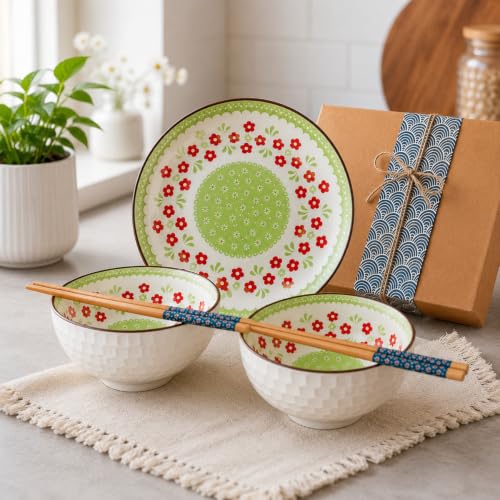 Image of Ceramic Dinnerware Set, Japanese Asian Cuisine Bowls and Plates for Dinner, Rice, Soup, Dessert, Salad, Gift Box Packed Dinner Set (Green, Pack of 5)
