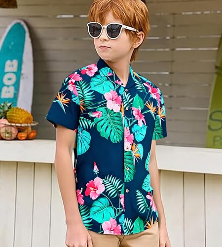 Damipow Boy's Hawaiian Shirt Short Sleeve Button Down Kids Beach Vacation Shirts Tropical Summer Tops3