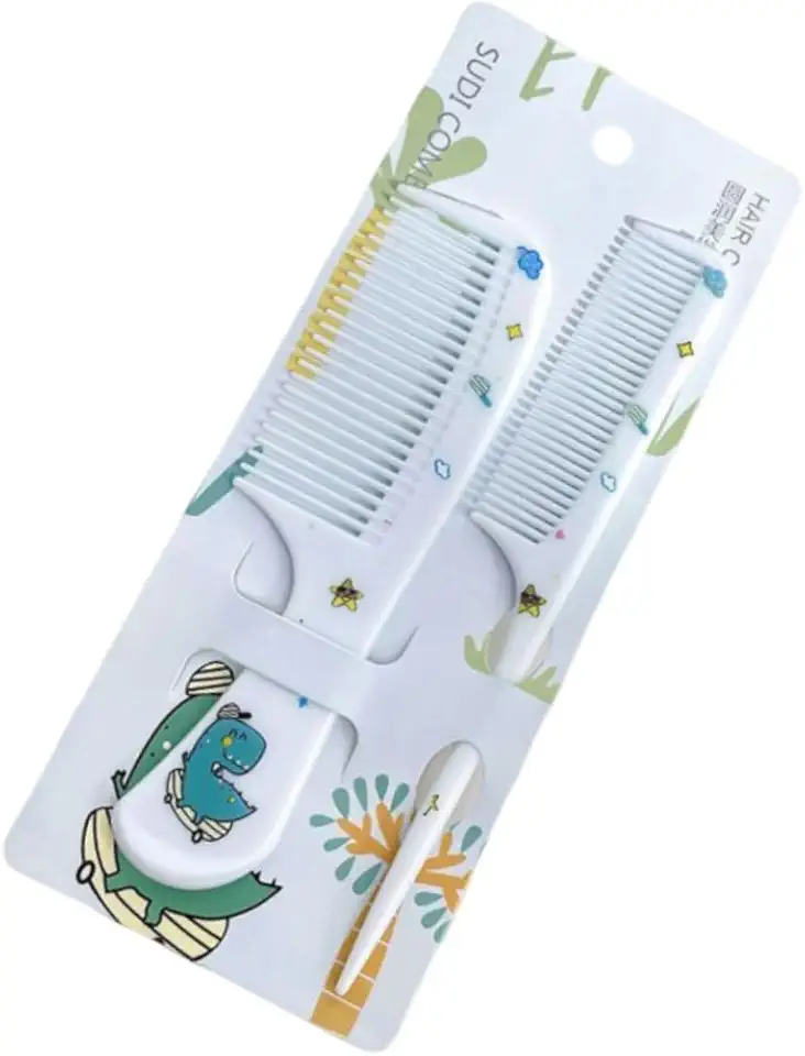 Conjunto com 2 Pentes Infantis – Cores Sortidas com Personagens – Pente Fino e Largo – Ideal para Bebês e Crianças (Azul Dinossauro)