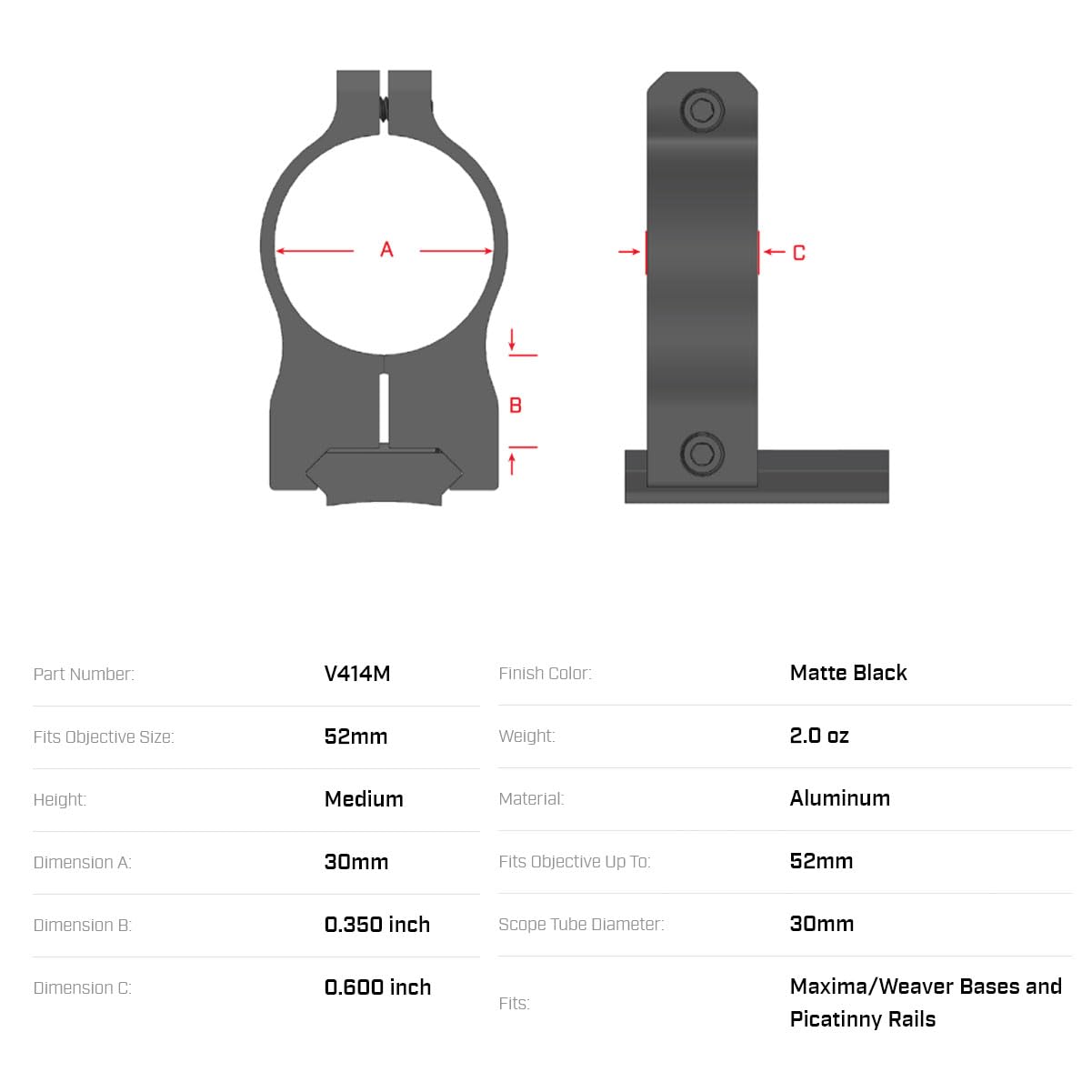Warne Vapor Scope Rings, 30mm, Medium, V414M,Black