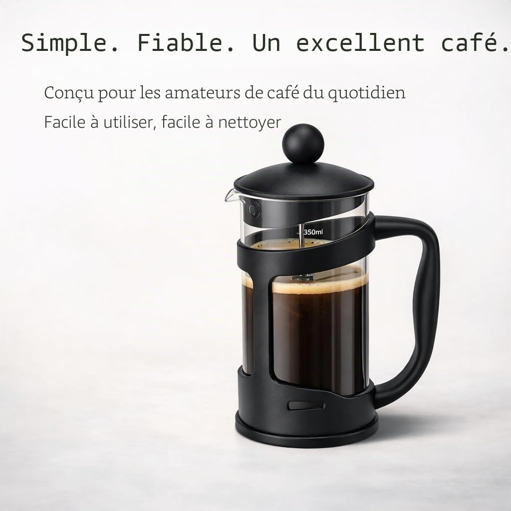 GLOW Classic Continental Cafetière noire 350 ml – Cafetière manuelle de qualité supérieure avec cafetière à piston en verre trempé résistant aux chocs et filtre à piston pour haricots moulus expresso