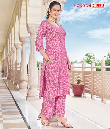 Image of London Hills Women Printed Kurta with Pant Salwar Suit Set || Plazo Kurti Cotton Set