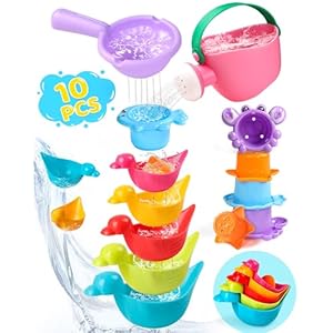 Toddler Bath Toys for Kids Ages 1-3 10 PCS Baby Bath Toys Mold Free with Multi Color & Shape Stacking Cups Bathtub Sand Pool Water Toys for 1 2 3 4 5 6 Birthday Gifts