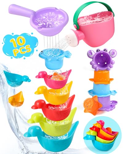 Image of Toddler Bath Toys for Kids Ages 1-3 10 PCS Baby Bath Toys Mold Free with Multi Color & Shape Stacking Cups Bathtub Sand Pool Water Toys for 1 2 3 4 5 6 Birthday Gifts