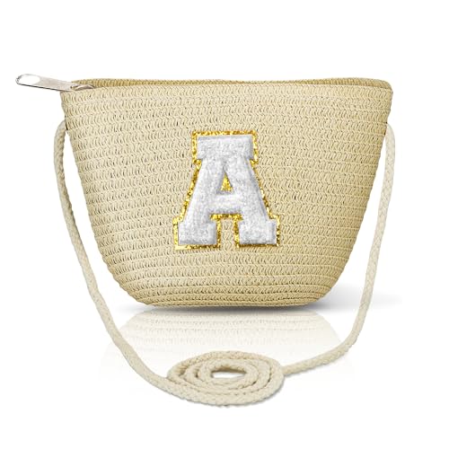 Bolsa transversal de palha para mulheres bolsas de verão iniciais feitas à mão bolsa de praia tecida para viagens férias presentes de aniversário personalizados, Amarelo-Grande-A