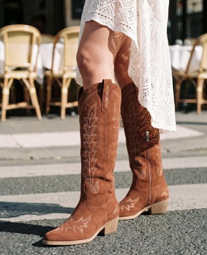 Image of Rivalran Cowboy Boots for Women - Knee High Pointed Toe Chunky Heel Pull On Zipper Western Cowgirl Boots, Retro Country Vintage Fashion Tall Boots