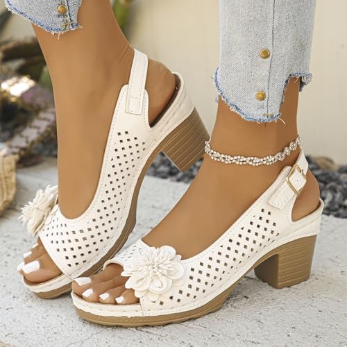 Buckled Square Heel Sandals for Women Dressy Low Slingback Peep Toe Chunky Heeled Dress Sandals Wedge Shoes Elderly Women(White,11)2