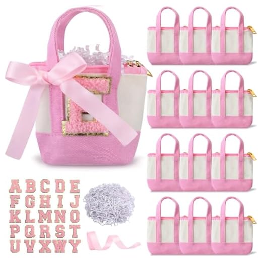 Sunnymove 12 Pcs Valentines DIY Teacher Gift Bags Mini Pink Tote Bags Set for Teacher Appreciation with Alphabet Stickers Ribbon Raffia Thank You Gift for Women Tiny Pink Pouch Accessories