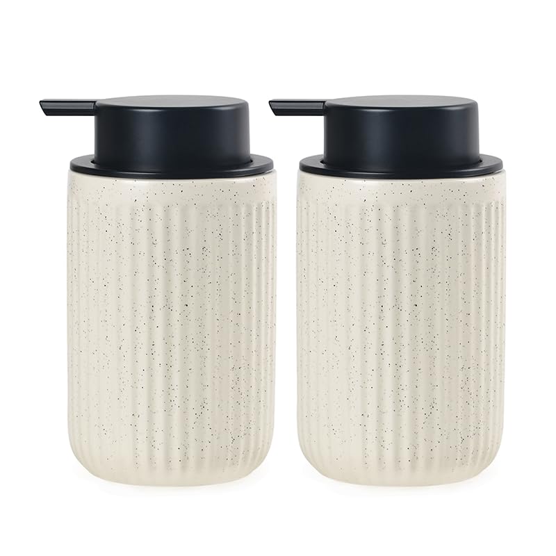 Image of BosilunLife Beige Soap Dispenser Set - 2 Pack 12oz Ceramic Dish Soap Dispenser with Rust Proof Pump for Kitchen, Hand Soap and Lotion Set Suitable for Farmhouse Bathroom Decor