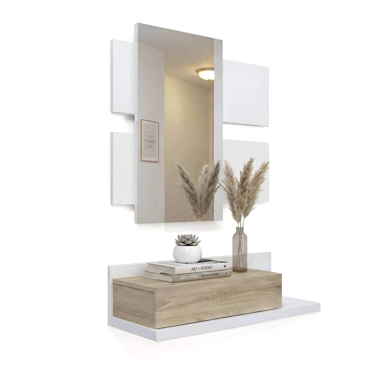 duehome | Recibidor con cajón y Espejo, Mueble de Entrada, Modelo Milo, Acabado en Blanco Artik y Roble Canadian, Medidas: 75 cm (Largo) x 29 cm (Fondo) x 116 cm (Alto)