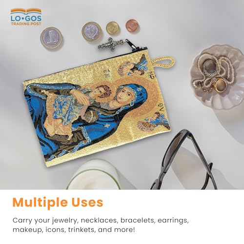 Image of Catholic Rosary Pouch, Saint Joseph and Baby Jesus & Madonna and Child, 4 inch x 6 inch Jewelry & Coin Purse with Cross, Small Woven Tapestry Icon Bag, Bolsa de Rosario Catolico para Joyeria