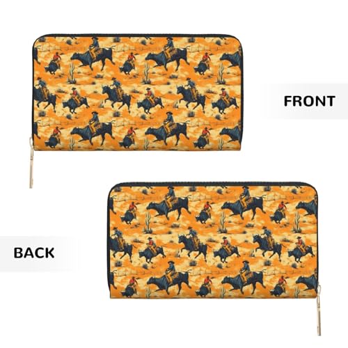 Western Cowboys Riding Bulls Print Wallet Women Men, Long PU Leather Wallets for Women, Cute Womens Travel Wallet Purse Pouch with Zipper Pocket2