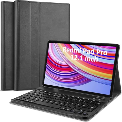 Image of HOM Tri Fold Wireless Bluetooth Keyboard with Detachable Tablet Case Cover for Redmi Pad Pro 5G Tablet 12.1 inch - Black