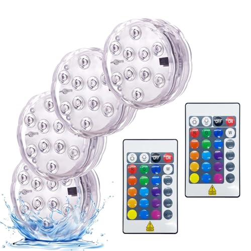 FANZOD Submersible LED Lights with Remote Control, RGB Color Changing, Waterproof, Battery Operated, Multi-Mode for Pool, Fountain, Vase, Party Decor, 4PCS