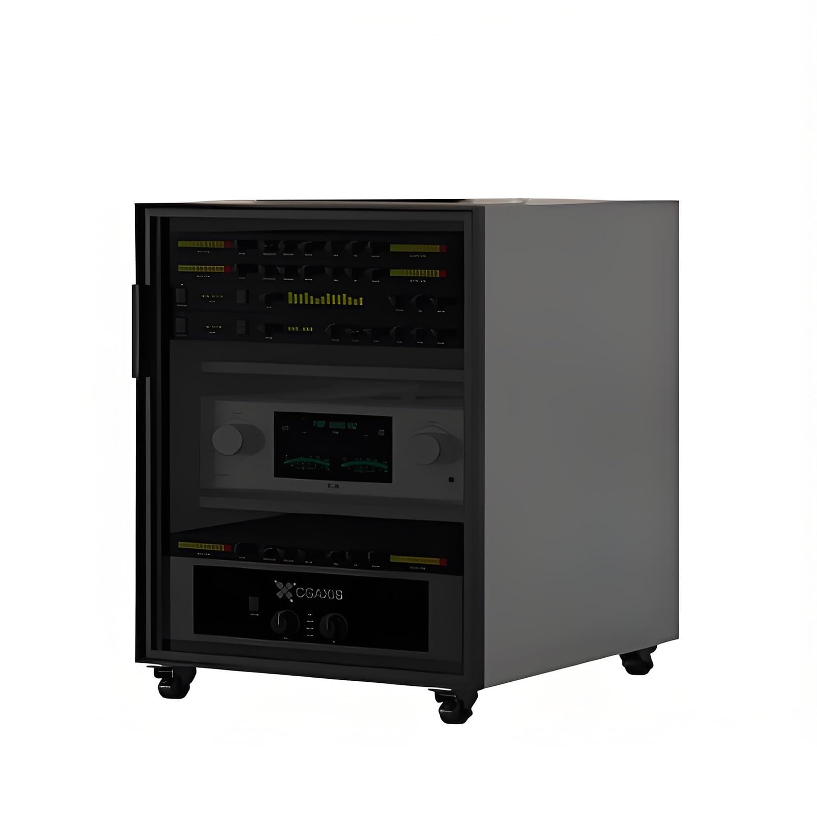 Meuble HiFi avec porte en verre trempé et étagères réglables pour rangement AV