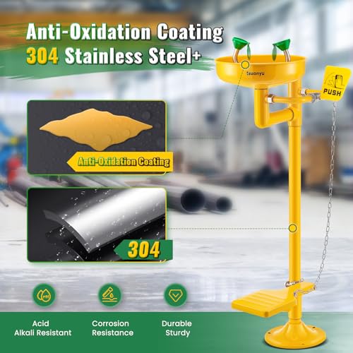 Image of Huanyu Stand Up Eye Wash Station Floor Mounted Eyewash Station Adjustable Water Flow Emergency Eye Washing Station Stainless Steel with Eye Wash Sign Factory (1207-1 Yellow)
