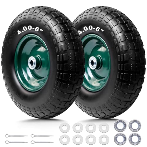 Storystore 2-Pack 4.00-6 Flat Free Tire and Wheel - 13 Wheelbarrow Tires with 5/8 or 3/4 Bearings 1.75 Centered Hub Heavy Duty Solid Tire for Wheelbarrows Dolly Hand Trucks Wagon and Trailer