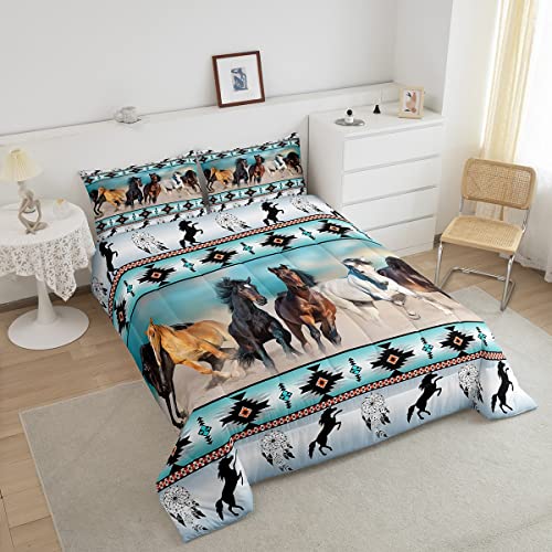 Erosebridal Horses Comforter Set Teal Southwestern Native Aztec Bedding Set,Farmhouse Wildlife Duvet Insert Indian Tribal Geometry Quilt Full,Bohemian Dream Catchers Retro Exotic Boho Decor #TOP2