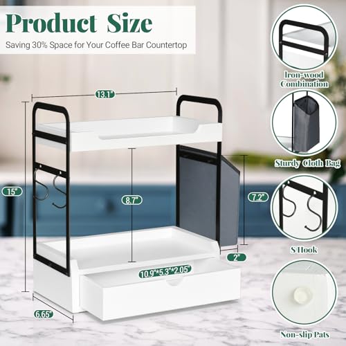 Coffee Bar Accessories and Organizer, 2-Tier Coffee Station Organizer, Wood Kitchen Countertop Organizer with Bag and Hooks, Coffee Pod Holder for Coffee Bar Decor, Coffee Syrup Snack Organizer(White)