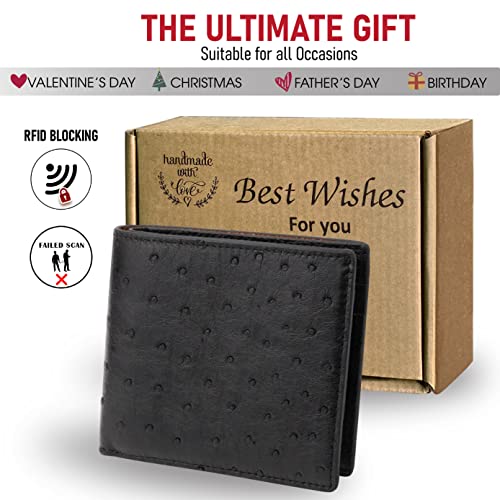 Image of Black Ostrich Double Side Leather Bifold Wallet, RFID Blocking Mens Wallet