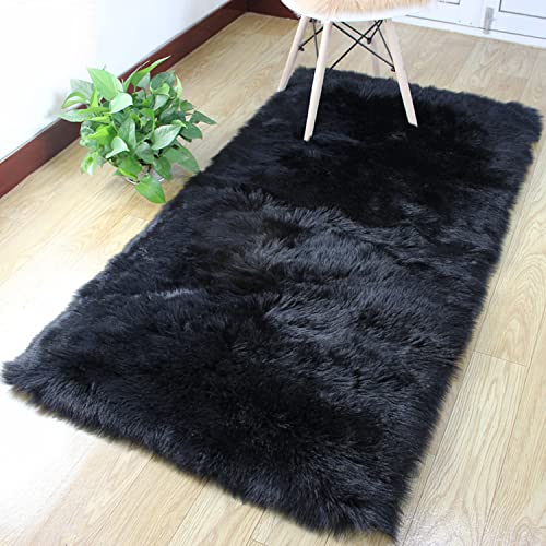 Faux Fur Sheepskin Area Rug, Baby Bedroom Rugs Fluffy Rug Home Decorative Shaggy Rectangle Carpet, 2X3 Feet, Black #TOP2