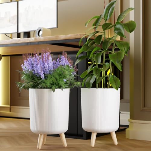 Image of SR Modern Flower Pot with Plastic Legs | Indoor Outdoor Planter for Home Garden Balcony Decor Ribbed Design (White Pack of 2) | with Free Vermicompost Fertilizer for Plants (500gm)