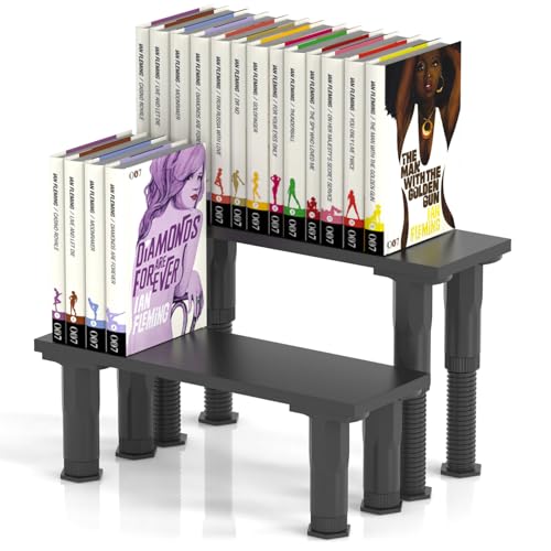 Manga Shelf Risers, 2 Pack Book Riser for Bookshelves, Black Wooden Height Adjustable Comic Books Shelves for Double Rows Display Stand for Books, Collectibles, Anime Figurines, Blind Boxes, CDs