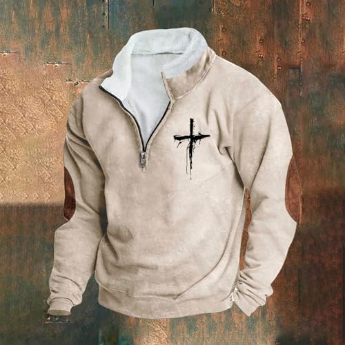 Mens Fleece Quarter-Zip Collar Cross Jesus Christ Christians Muscle Sweatshirt Elbow Patch Long Sleeve Tops Sweater2