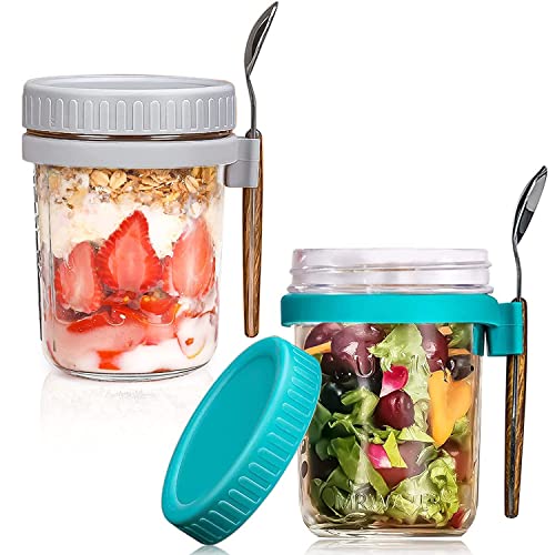 Overnight Oats Jars with Lid and Spoon 2PCS 350ml Large Capacity Airtight Oatmeal Container with Measurement Marks Wide Mouth Portable Mason Jars Breakfast Container for Salads Yogurt Cereal Milk