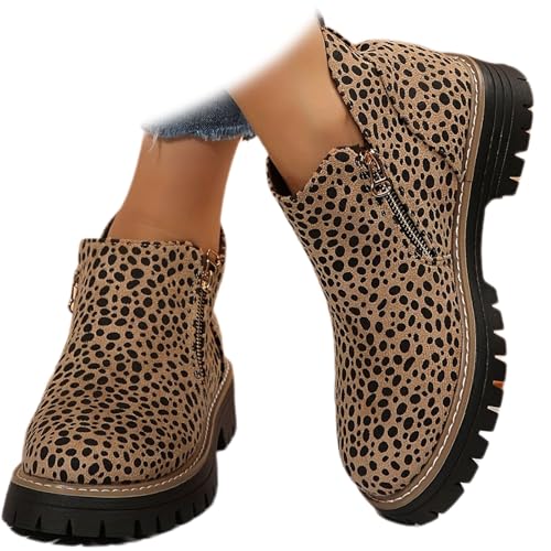 MAOAEAD Bottines Chelsea orthopédiques à talon épais en daim pour femme Imprimé léopard Bottines confortables à bout rond avec fermeture éclair...