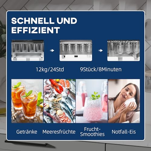 HOMCOM Eiswürfelmaschine Eiswürfelbereiter 9 Würfel in 8 Minuten fertig, 12 KG in 24 H, Selbstreinigende Tragbare Ice Maker für Küche, Büro, Bar und Party, Schwarz