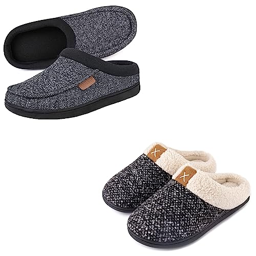 Image of ULTRAIDEAS Set of Two Pairs-Nealon Moccasin Clog Slipper(11-12,Gray) & Wool-Like with memory foam slippers(9-10,Grey)