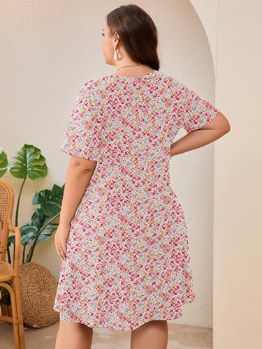 Image of AusLook Plus Size Midi Dress for Women Loose V Neck Short Sleeve Summer Casual A Line T Shirt Sundresses with Pockets 1X-5X