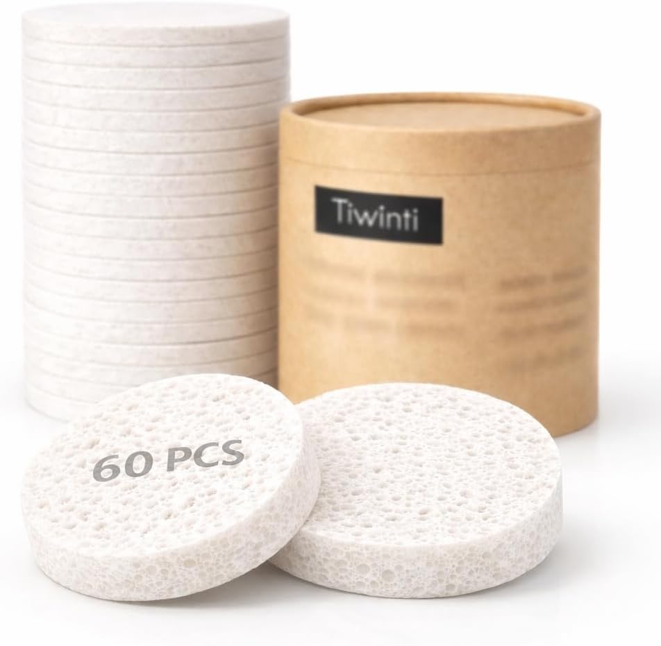 OEGlobal Compressed Facial Sponges 60 Pack - Natural Cellulose for Gentle Exfoliation, Makeup Removal & Deep Cleansing (White)