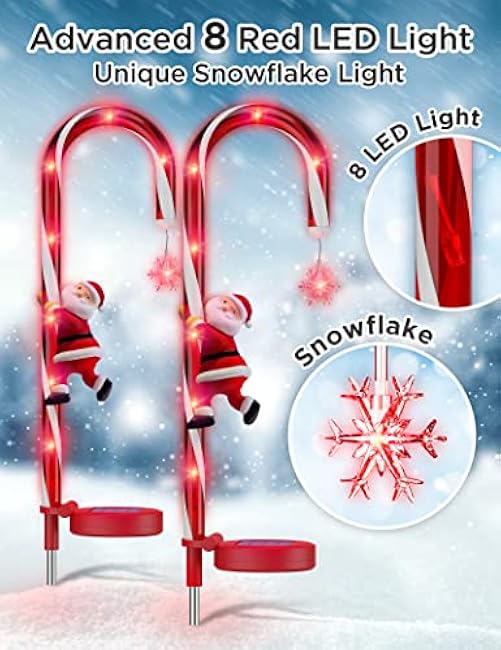 Solar Christmas Decorations Candy Cane Lights, Solar Xmas Pathway Markers Lights, Outdoor Decor Stake with Snowflowers & Santa, Constant & Flash Modes 8 LED Lights for Garden Patio Yard Lawn, 2 Pieces
