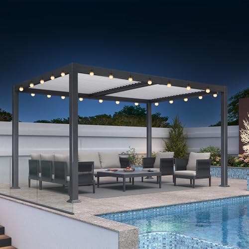 PURPLE LEAF Louvered Pergola 10' x 14' Patio Aluminum Pergola with White Adjustable Rainproof Roof Grey Frame Hardtop Gazebo for Outside Deck Backyard